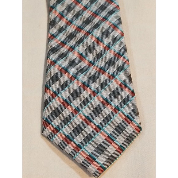 JF J. Ferrar Men's Necktie 100% Polyester Gray/Blue/Red Plaid Tie - Picture 2 of 5